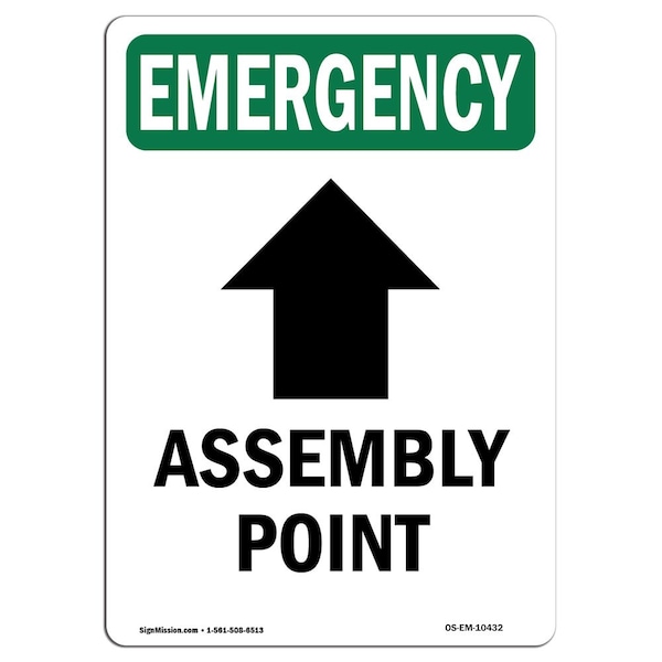 Safety Sign, OSHA EMERGENCY, 5" Height, Assembly Point (Up Arrow), Portrait, 10PK